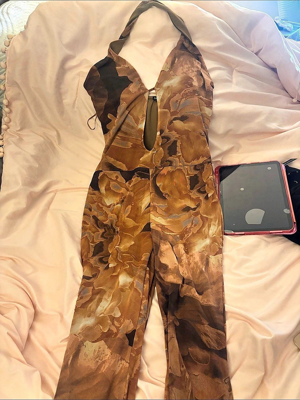Fashion Nova Heat Wave Mesh Halter Flare Jumpsuit Brown